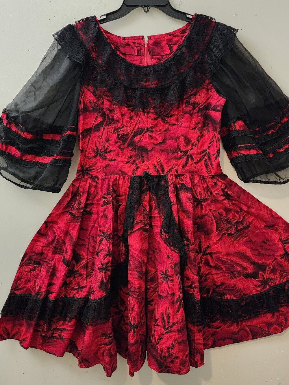 Vtg '60s/'70s Handmade Spanish Dance Dress  Puff Sleeve Gathered Skirt Flawed